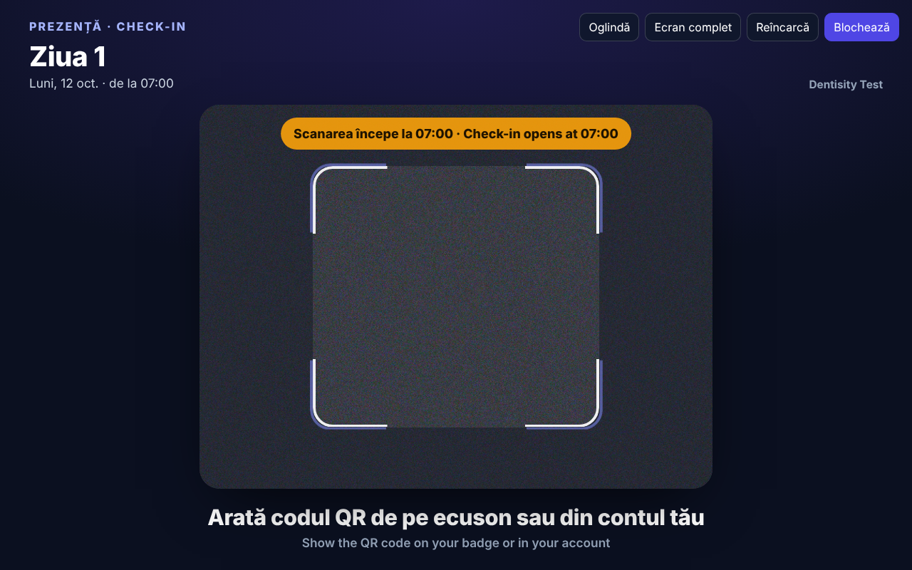 Chioșcul cu setările deschise: în dreapta sus butoanele Oglindă, Ecran complet, Reîncarcă și Blochează