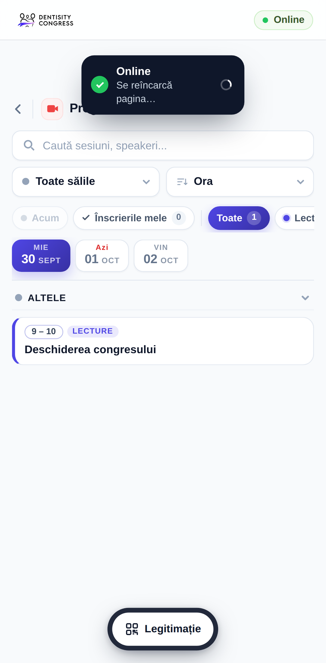 Revenirea online: bara cu Online în verde și mesajul Online, Se reîncarcă pagina…, peste program