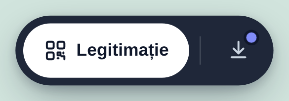 Bara de jos de aproape: Legitimație și butonul rotund de instalare, cu punctul mov când browserul permite instalarea cu un singur buton
