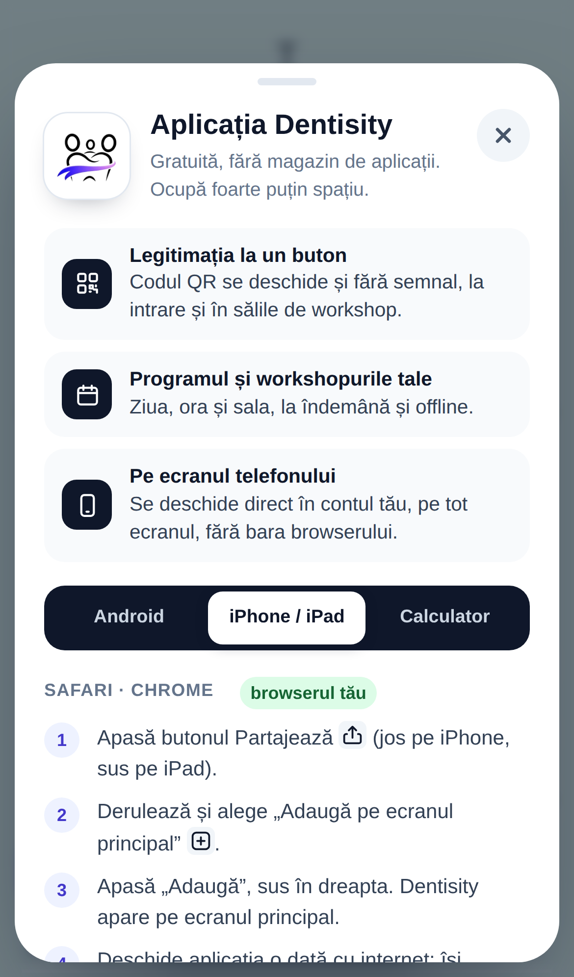Pe iPhone: comutatorul Android / iPhone / iPad / Calculator pe iPhone, cu pașii pentru Safari și Chrome marcați browserul tău: Partajează, Adaugă pe ecranul principal, Adaugă