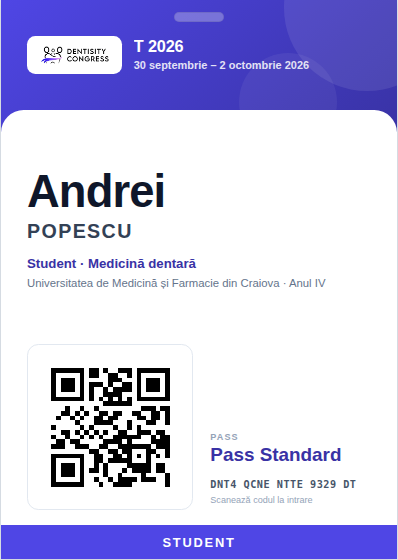 Un ecuson: antet colorat cu logo, numele congresului și datele; numele participantului; tipul și specializarea; universitatea și anul de studiu; codul QR mare cu pass-ul și codul scris alături; jos o bandă colorată cu tipul participantului