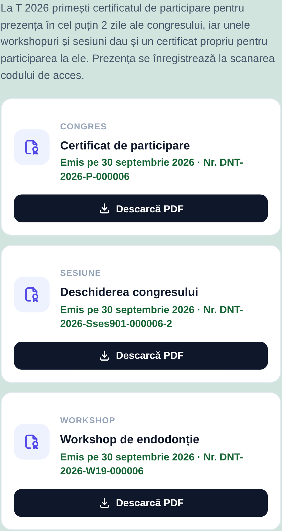 Pagina Certificate pe telefon: fiecare certificat pe un card, cu butonul Descarcă PDF pe toată lățimea cardului