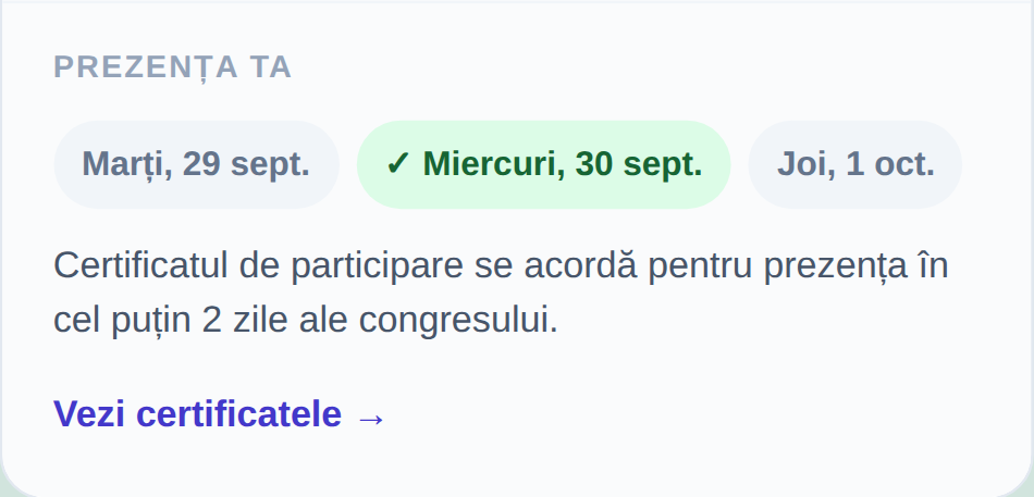 Prezența ta pentru cineva prezent o singură zi: o zi bifată, mesajul Certificatul de participare se acordă pentru prezența în cel puțin 2 zile ale congresului și linkul Vezi certificatele