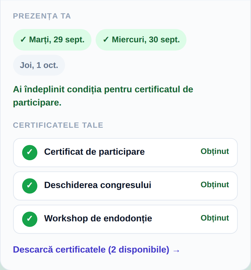 Lista Certificatele tale: Certificat de participare, Deschiderea congresului și Workshop de endodonție, toate cu bifă verde și Obținut, apoi linkul Descarcă certificatele (2 disponibile)