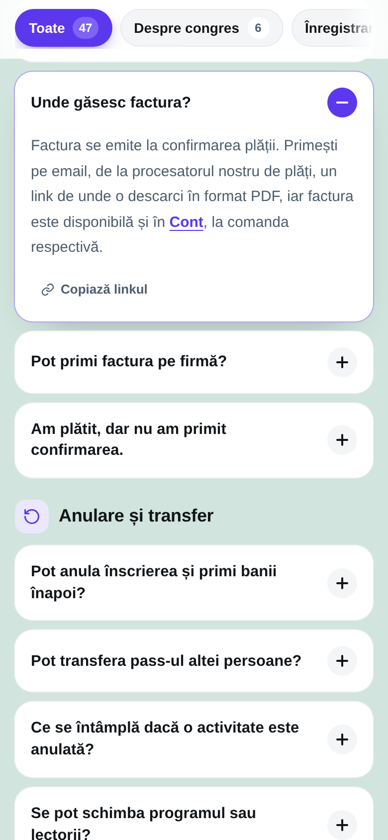 Pagina de întrebări frecvente pe telefon, deschisă direct la întrebarea Unde găsesc factura?