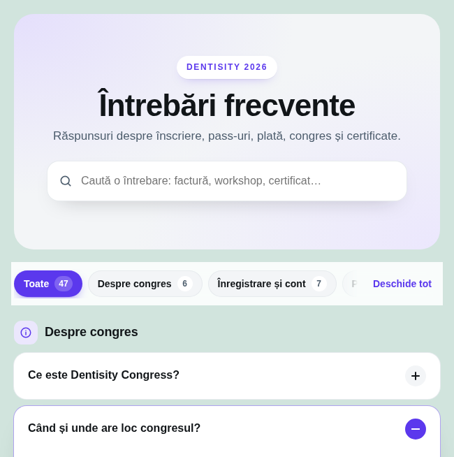 Pagina publică de întrebări frecvente: titlul, căutarea, bara de categorii și o întrebare deschisă