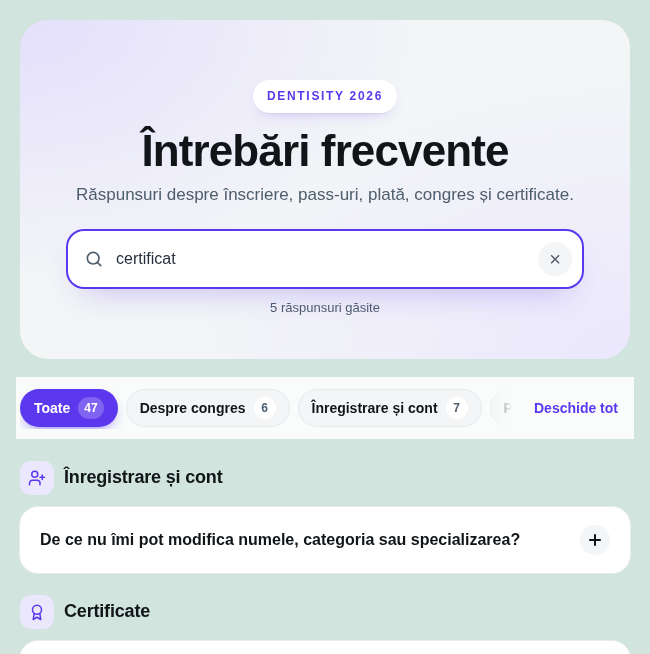 Căutarea certificat: 5 răspunsuri găsite, doar categoriile cu rezultate (Înregistrare și cont, Certificate) rămân afișate