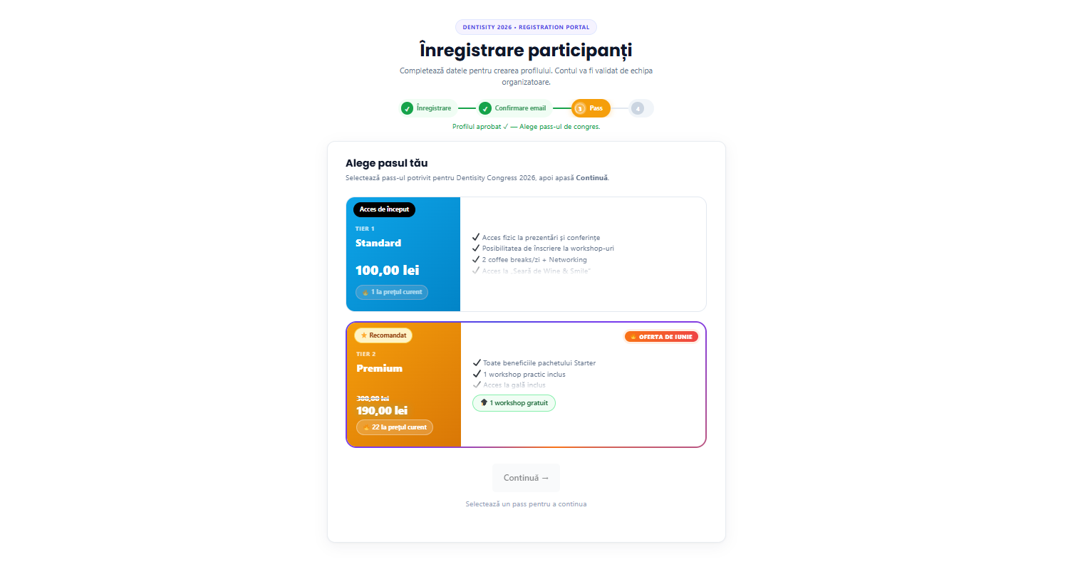 Etapa de selectare a pass-ului în formularul de înregistrare