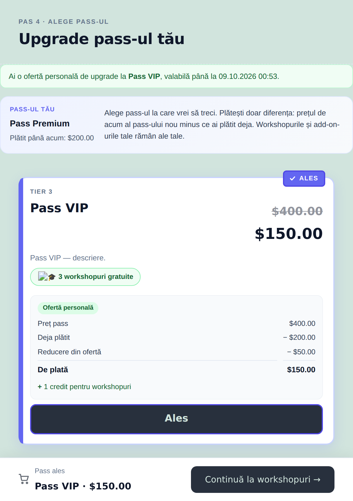 Pasul de upgrade: pass-ul actual și suma plătită, cardul Pass VIP cu oferta personală, prețul tăiat și calculul De plată