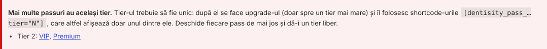 Avertisment roșu pe pagina Passuri: Mai multe passuri au același tier, cu explicația și lista Tier 2: VIP, Premium, cu linkuri spre fiecare