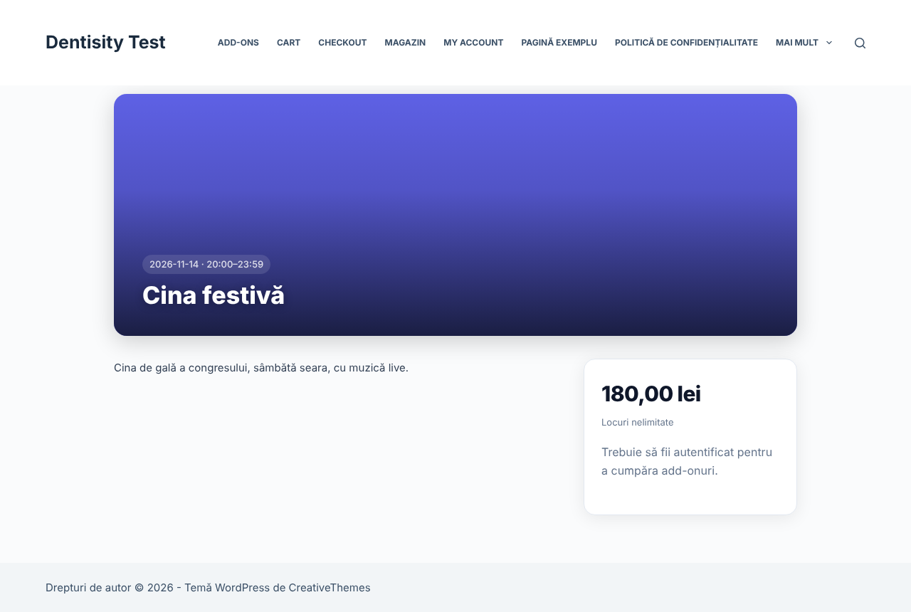 Pagina publică a add-on-ului Cina festivă: bannerul cu data 2026-11-14 20:00–23:59 și titlul, descrierea, prețul 180 lei și Locuri nelimitate