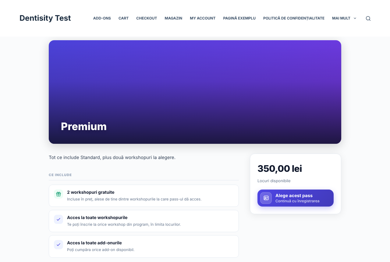 Pagina publică a pass-ului Premium: bannerul cu titlul, descrierea, lista Ce include (2 workshopuri gratuite, acces la toate workshopurile, acces la toate add-on-urile), prețul 350 lei și butonul Alege acest pass