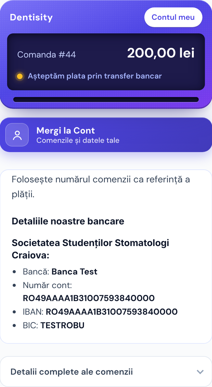 Comandă plătită prin transfer bancar: imprimanta afișează Așteptăm plata prin transfer bancar, iar dedesubt sunt datele bancare