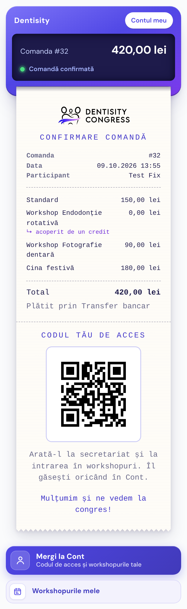 Confirmarea comenzii pe telefon: imprimanta cu comanda confirmată și confirmarea tipărită cu codul QR