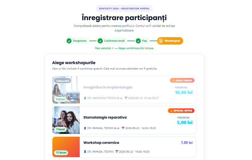 Lista de workshop-uri grupate pe zile, cu disponibilitate și prețuri individuale