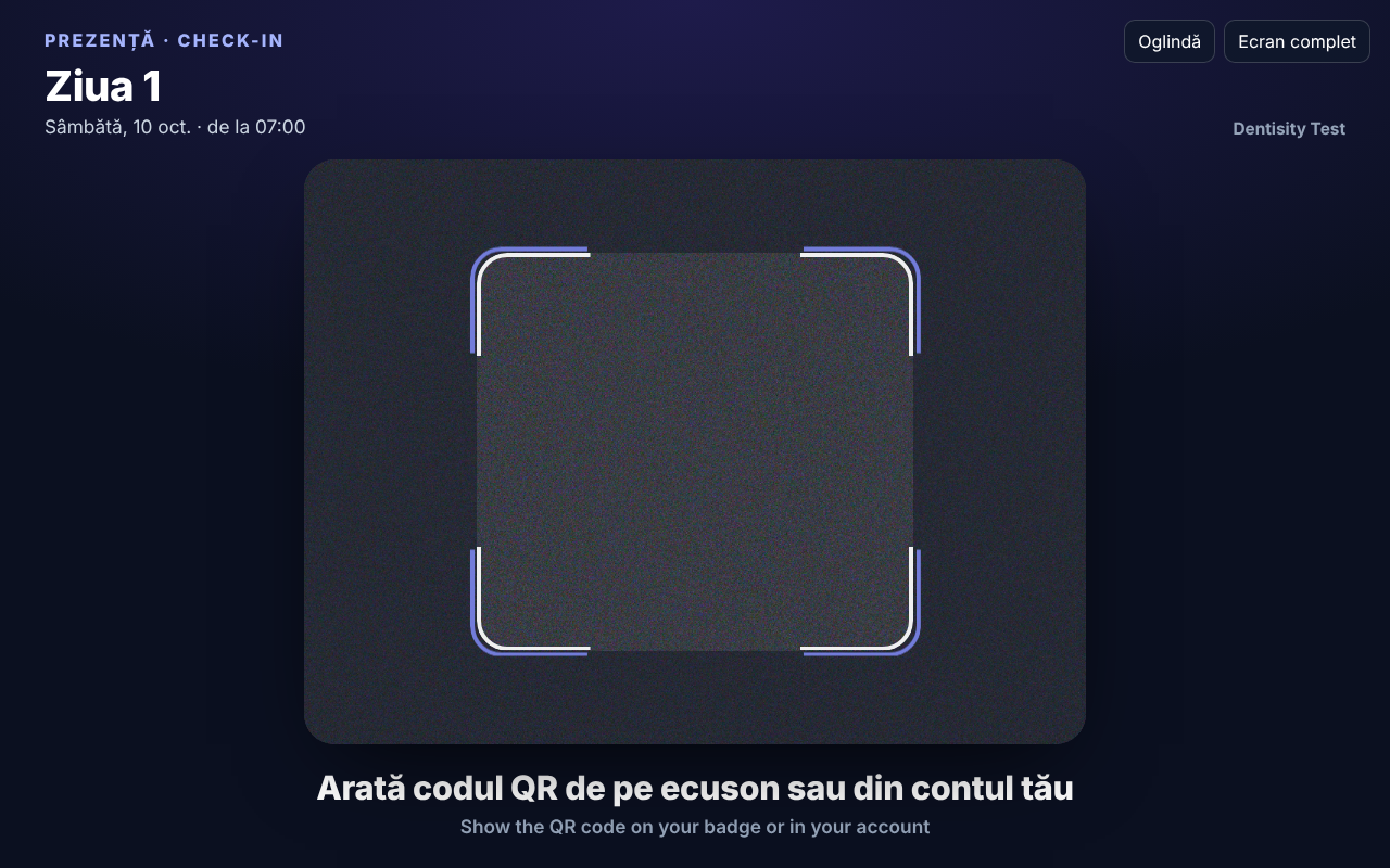 Ecranul pentru participanți: sus evenimentul (Ziua 1, sâmbătă 10 oct., de la 07:00), în mijloc imaginea camerei cu un cadru pentru cod, jos textul Arată codul QR de pe ecuson sau din contul tău, cu traducerea în engleză