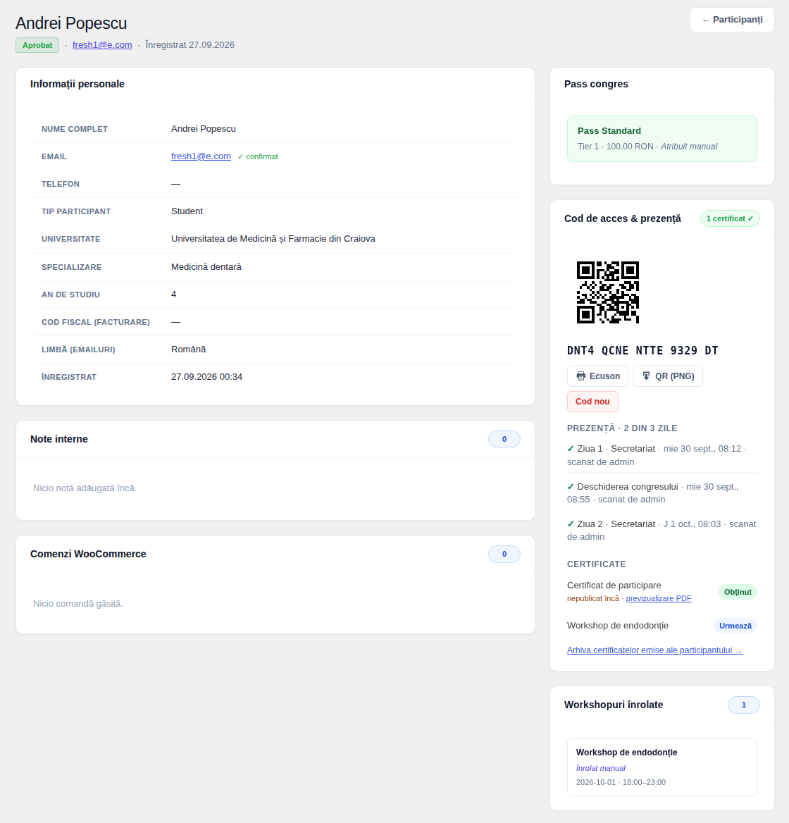 Dosarul unui participant, doar pentru citire: informații personale, note interne, comenzi, pass, cod de acces și prezență, workshopuri și add-on-uri