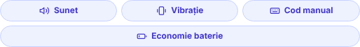 Butoanele de sub cameră: pe primul rând Sunet, Vibrație și Cod manual (pornit), pe al doilea Economie baterie
