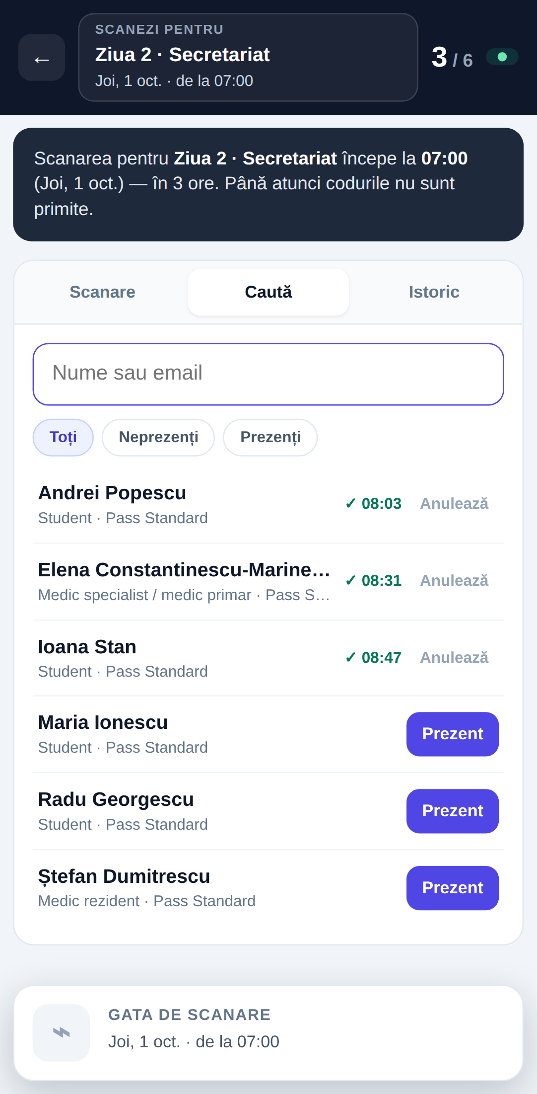 Scanerul în aplicație, pe telefon: sus Ziua 2 · Secretariat cu 3 / 6 prezenți, tabul Caută cu filtrele Toți, Neprezenți, Prezenți și lista: trei participanți marcați cu ora și Anulează, trei cu butonul Prezent