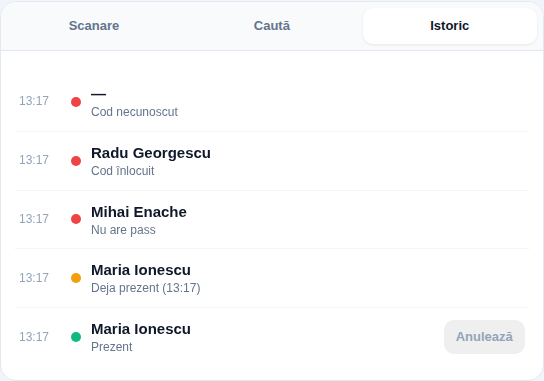Tabul Istoric: ultimele scanări cu ora și un punct colorat — Prezent, Deja prezent, Nu are pass, Cod înlocuit, Cod necunoscut