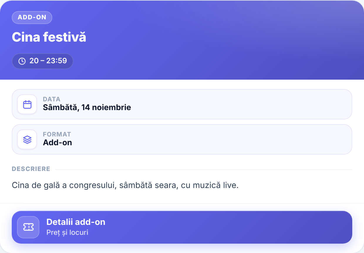 Cardul unui add-on: antet mov cu Add-on, titlul Cina festivă și ora 20 – 23:59; casete Data și Format; descrierea; butonul Detalii add-on, Preț și locuri