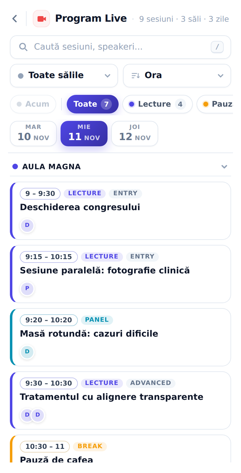Programul pe telefon: antet compact, căutare, sală și ordonare pe două rânduri, filtrele derulabile, zilele, apoi lista sesiunilor din Aula Magna, fiecare cu ora în față, tipul și nivelul, titlul și speakerii