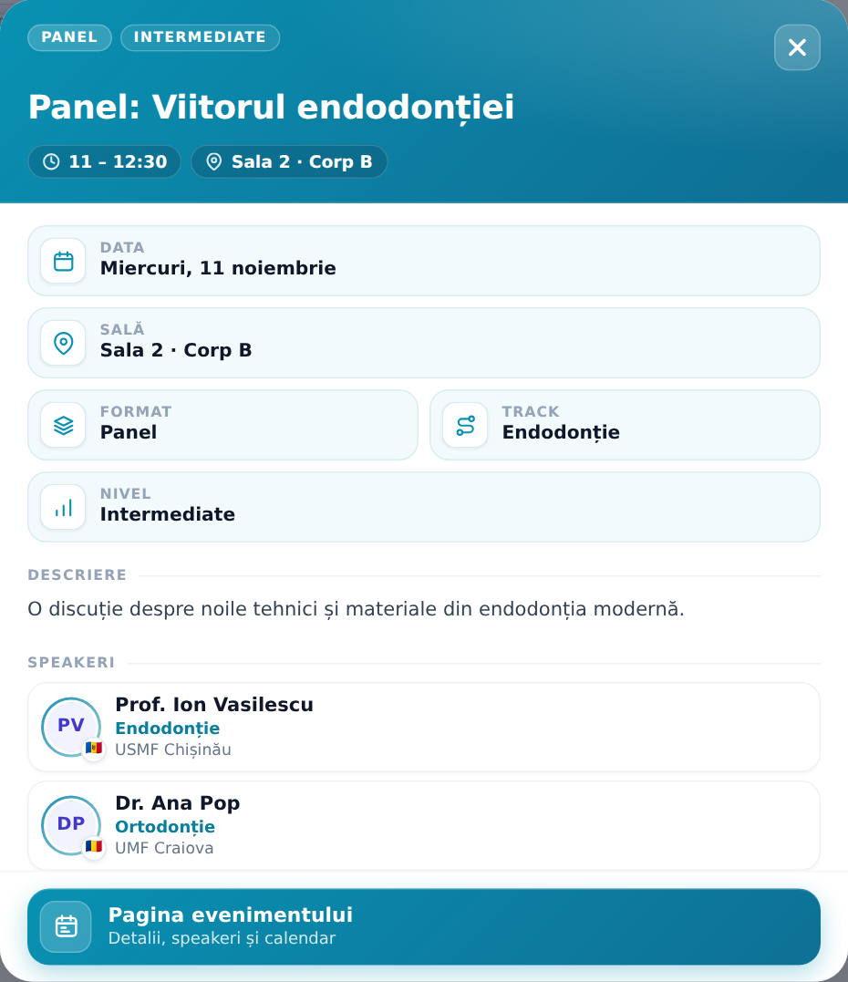 Fereastra unei sesiuni: antet albastru cu Panel și Intermediate, titlul, ora și sala; casete Data, Sală, Format, Track, Nivel; descrierea; speakerii cu poză, steag, specialitate și afiliere; butonul Pagina evenimentului